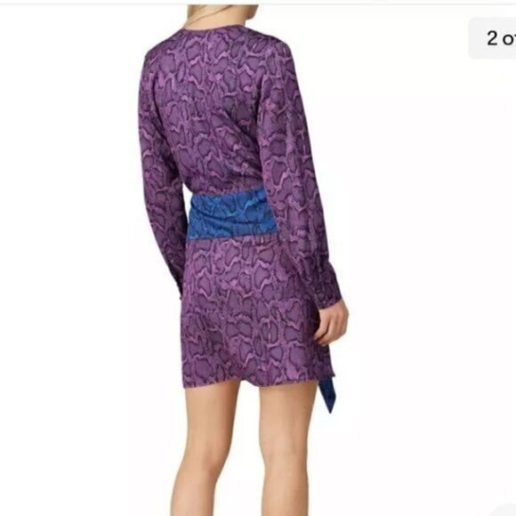 Delfi Mini Dress Jac Tie Snakeskin Print  XS Long Sleeve V-Neck Tie Waist Satin - Picture 7 of 13